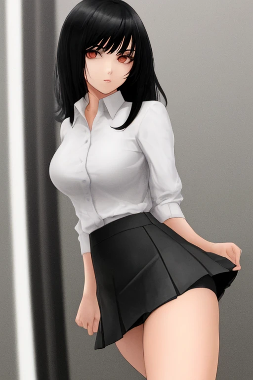 Girl with tight black hair wearing a tight and short skirt
