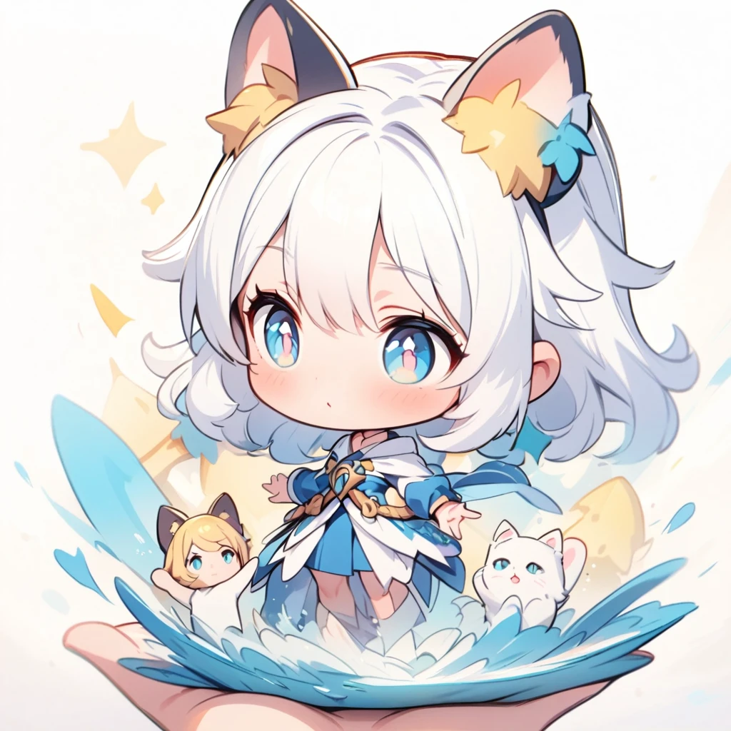 Cat-eared girl with long white hair, blue eyes, -like figure.