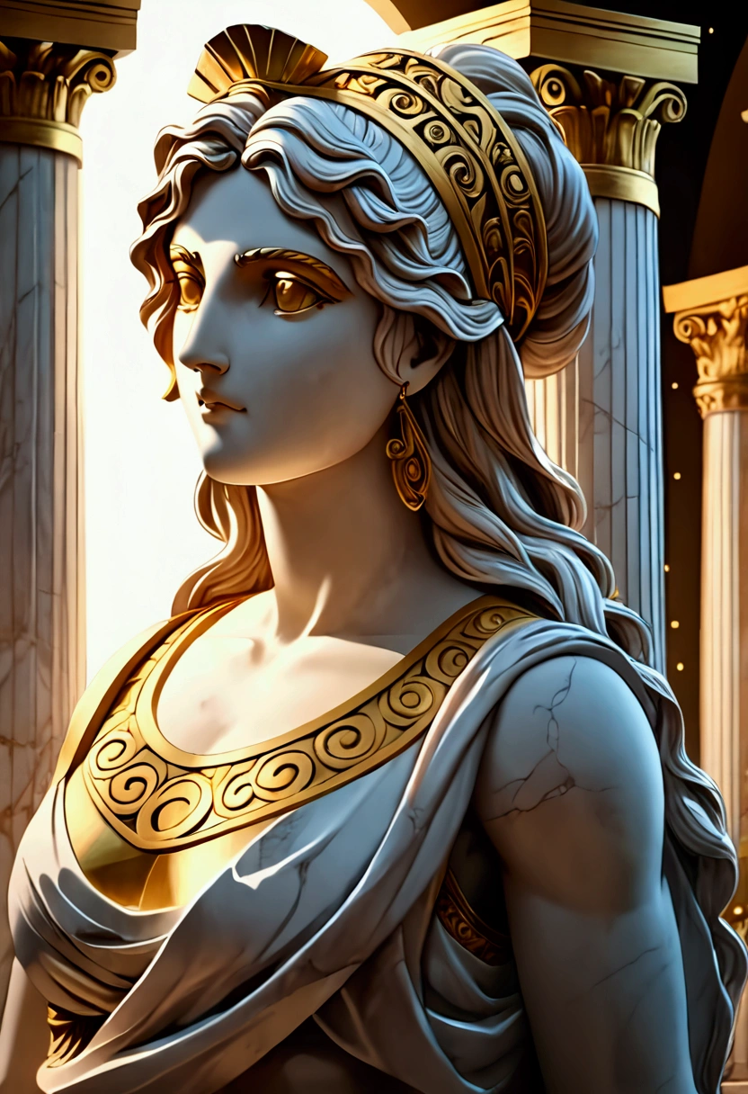 1girl, a stone statue of greek goddess, ancient greek sculpture, white and gold, cstatuesdxl, (4k,8k,highres:1.2), ultra-detailed, HDR, UHD, studio lighting, ultra-fine painting, sharp focus, physically-based rendering, extreme detail description, professional, vivid colors, bokeh, marble statue, ornate architecture, dramatic lighting, intricate details, classical art, masterpiece, best quality, very aesthetic, absurdres