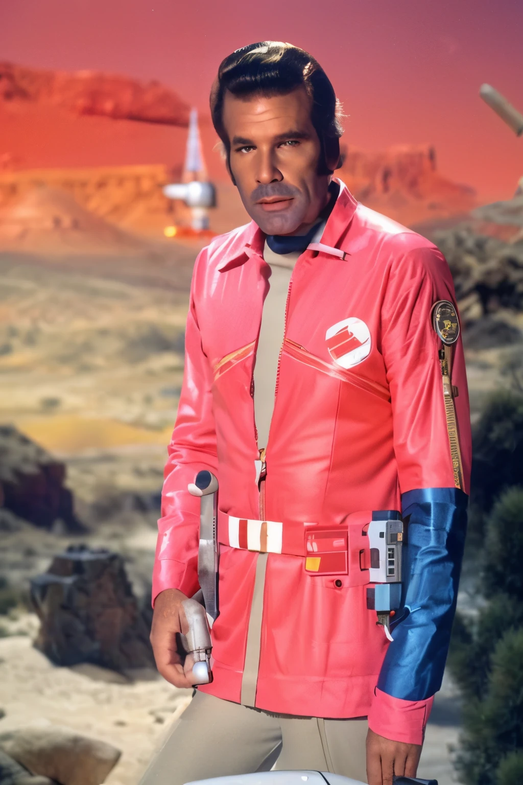 arafed man in a red jacket holding a gun in a desert, 1 9 7 0 s sci - fi, 1 9 6 0's sci - fi, 70s sci-fi, retro sci-fi, retro sci - fi, in a space cadet outfit, glen orbik, 1 9 7 0's sci - fi movie, buck rogers