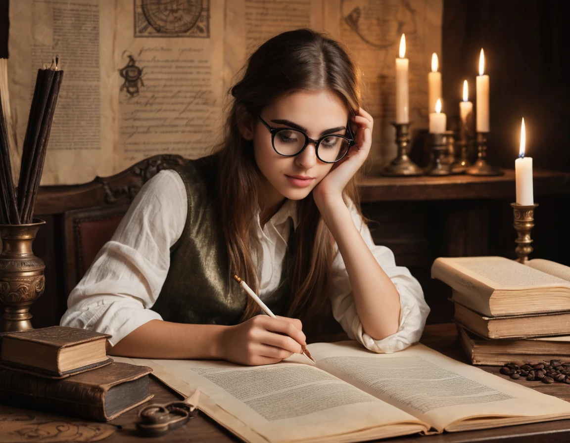 Portrait of a beautiful modern girl with glasses at the table, beautiful brown eyes sparkling with excitement and inspiration, beautiful inspired face, serious expression, writing text on a sheet of parchment(write text ONLY with your left hand), inspired creativity process, stack of old books with many bookmarks between pages, porcelain cup of hot black coffee and a candlestick with lit candles on the table next to parchment, beautiful graceful hands with beautiful fingers, a passionate look at the manuscript; Drawn on paper,sketch,old parchment,pencil sketch,Stereoscopic light and shadow,The background is a mixture of fantasy and science fiction., image of a girl on the bottom right in the center of the picture at the edge,
(Detailed unrealistic map of Treasure Island and text on ancient parchment, Rose of Wind, compass), documentation,Rich and delicate touches,