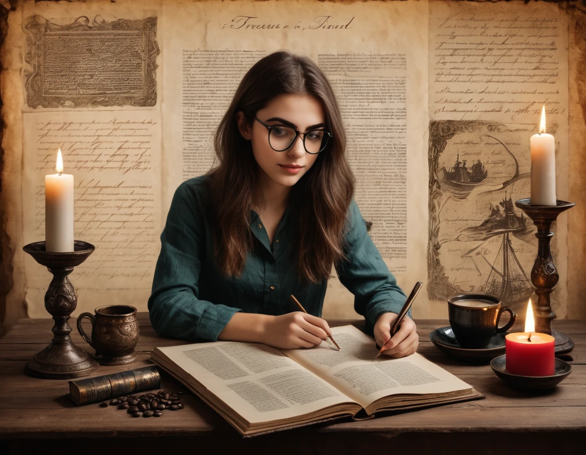 Portrait of a beautiful modern girl with glasses at the table, beautiful brown eyes sparkling with excitement and inspiration, beautiful inspired face, serious expression, writing text on a sheet of parchment(write text ONLY with your left hand), inspired creativity process, stack of old books with many bookmarks between pages, porcelain cup of hot black coffee and a candlestick with lit candles on the table next to parchment, beautiful graceful hands with beautiful fingers, a passionate look at the manuscript; Drawn on paper,sketch,old parchment,pencil sketch,Stereoscopic light and shadow,The background is a mixture of fantasy and science fiction., image of a girl on the bottom right in the center of the picture at the edge,
(Detailed unrealistic map of Treasure Island and text on ancient parchment, Rose of Wind, compass), documentation,Rich and delicate touches,