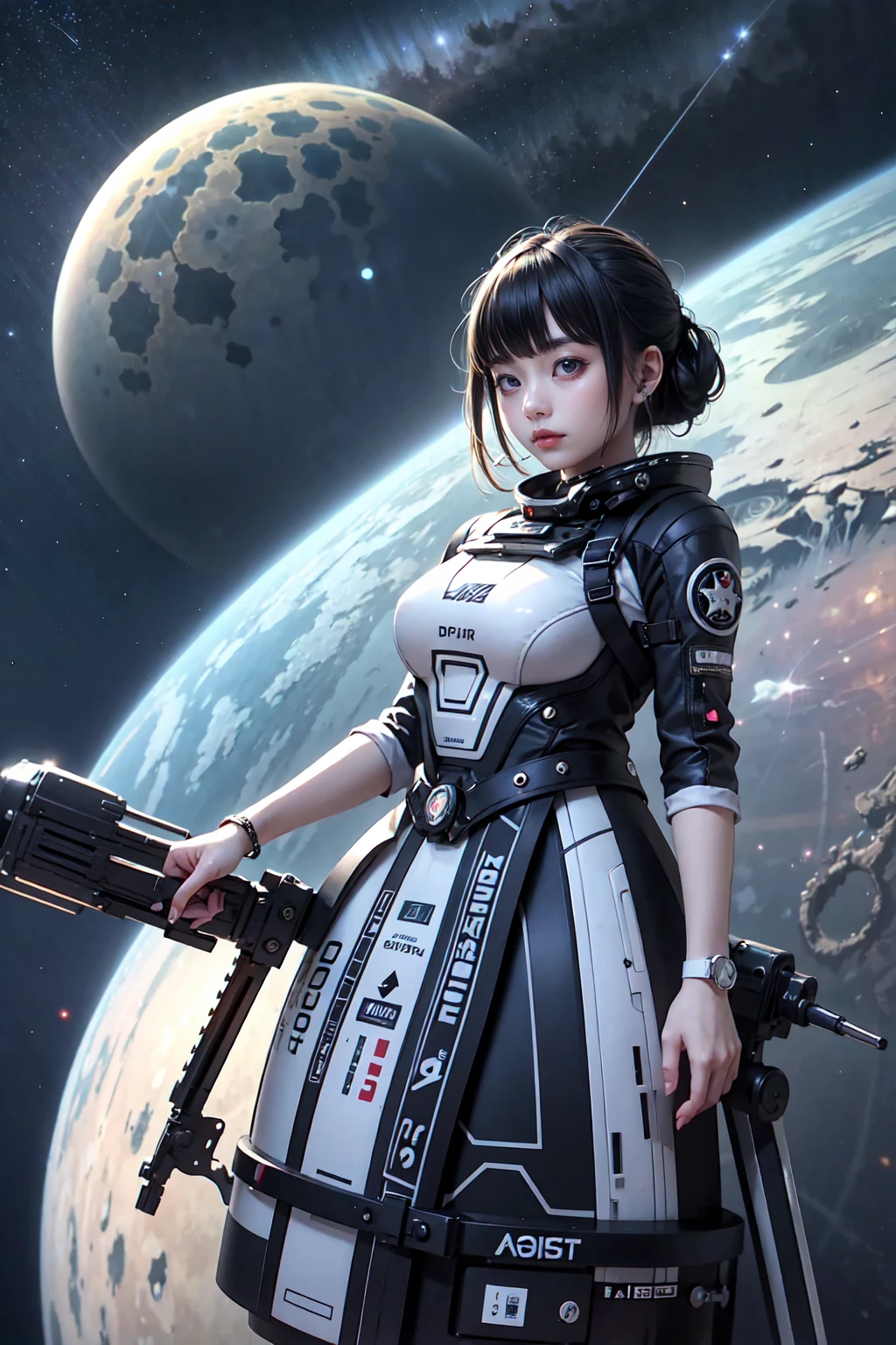 Asian girl in space on an alien planet between the North Star and the Big Dipper