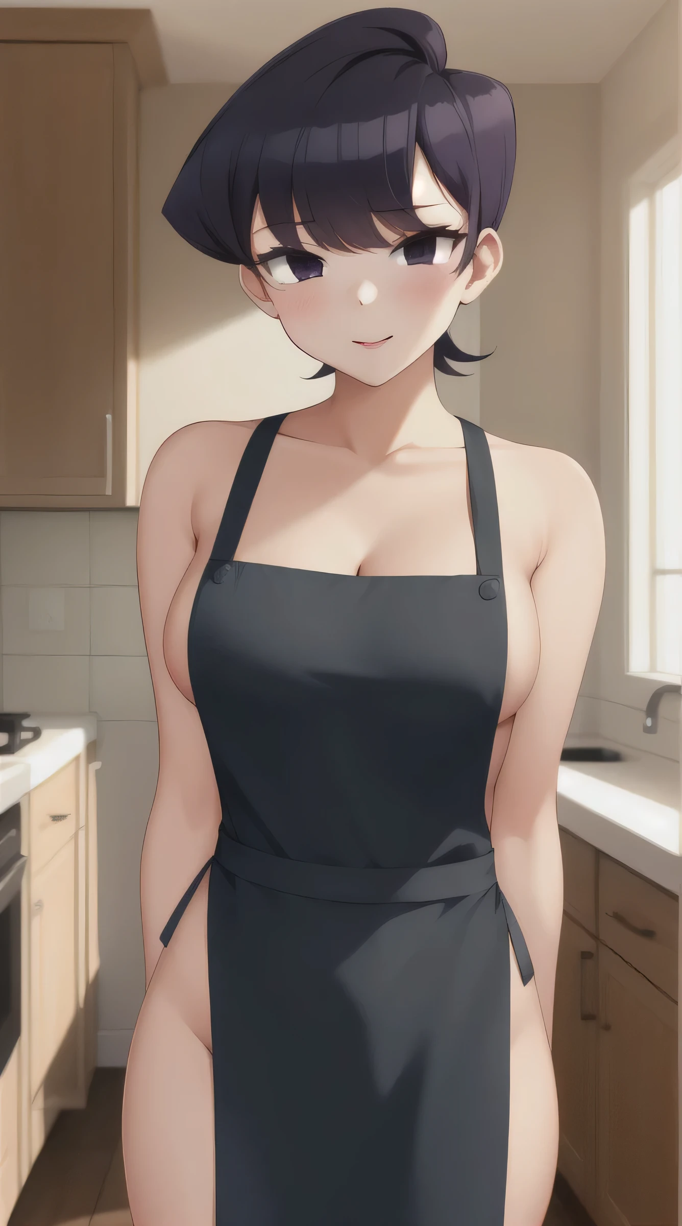 pixel-Komi-Shuuko, 1girl, solo, busty, naked apron, apronmasterpiece, best quality 