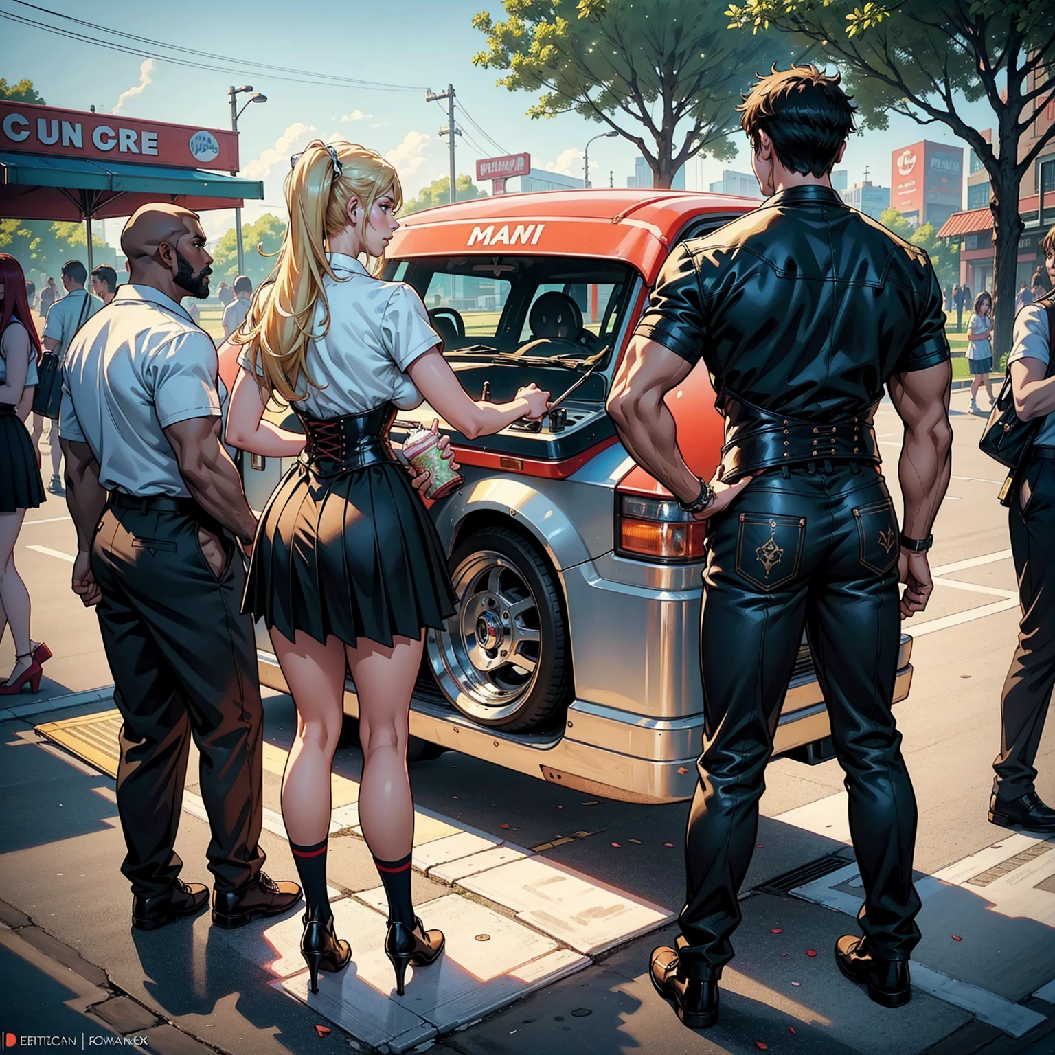 Masterpiece, Professional,  High Definition - quality, sharp focus, perfect artwork, Best Illustration,  trending on artstation, UHD, 4k, full body, NSFW
full body of ice cream man, 1girl, 1man, athletic man, standing,tan skin, large pectorials ,  short hair , center, masculine male face, ice cream man stands in Front of the woman,  park background details , womans face near man’s crotch, blonde female, skirt,corset,  twin Tail hai , large breasts , squats , woman squats seductive, squats in front of ice cream man, watches man, back view , beautiful woman background, ice Cream truck, ice cream man wears shirt, people watching the couple in the background,  art by artgerm and ruan jia and greg rutkowski, sidelighting, finely detailed beautiful eyes 
