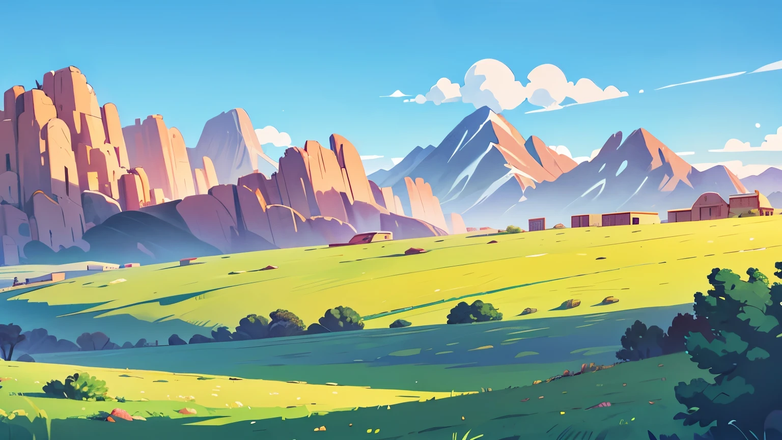 pasture fields next to a desert, cute mountains in the background, blue sky, cartoon-like