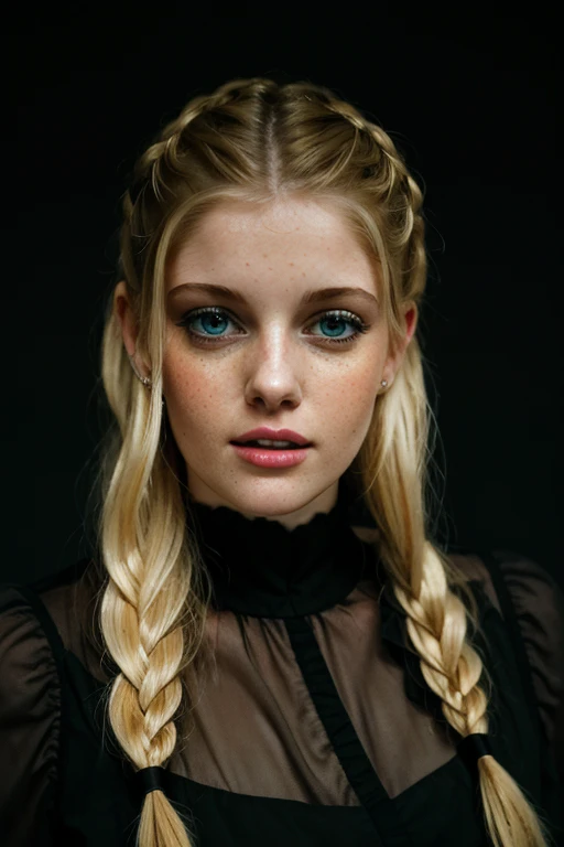 beauty photo headshot of a simple modern female CharlotteStokely in a dark theme black background,
  golden-blonde dutch braided hair, detailed intricate hair strands, detailed hairline, pale skintone, detailed skin complexion, (modest simple elegant modern designer blouse:1.2)
 (intricate skin details:1.3),
bright shining eyes, covered navel
amazing fine detail, Nikon D850 film stock photograph Kodak Portra 400 camera f1.6 lens, rich colors, lifelike texture, dramatic lighting, dynamic composition, unreal engine, trending on ArtStation, cinestill 800 tungsten, in the style of David Hamilton photography