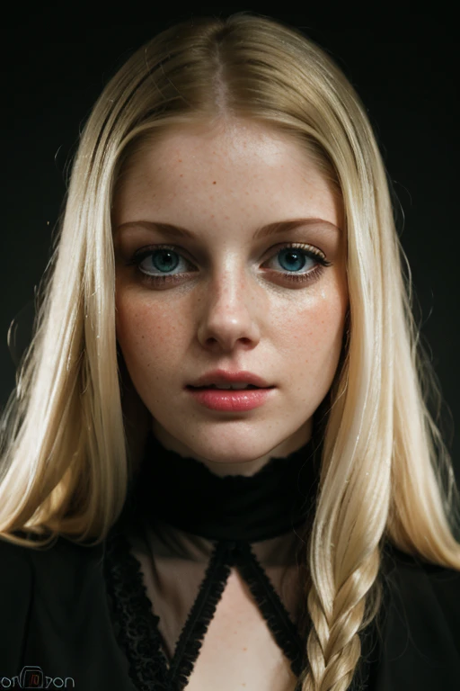 beauty photo headshot of a simple modern female CharlotteStokely in a dark theme black background,
  golden-blonde dutch braided hair, detailed intricate hair strands, detailed hairline, pale skintone, detailed skin complexion, (modest simple elegant modern designer blouse:1.2)
 (intricate skin details:1.3),
bright shining eyes, covered navel
amazing fine detail, Nikon D850 film stock photograph Kodak Portra 400 camera f1.6 lens, rich colors, lifelike texture, dramatic lighting, dynamic composition, unreal engine, trending on ArtStation, cinestill 800 tungsten, in the style of David Hamilton photography