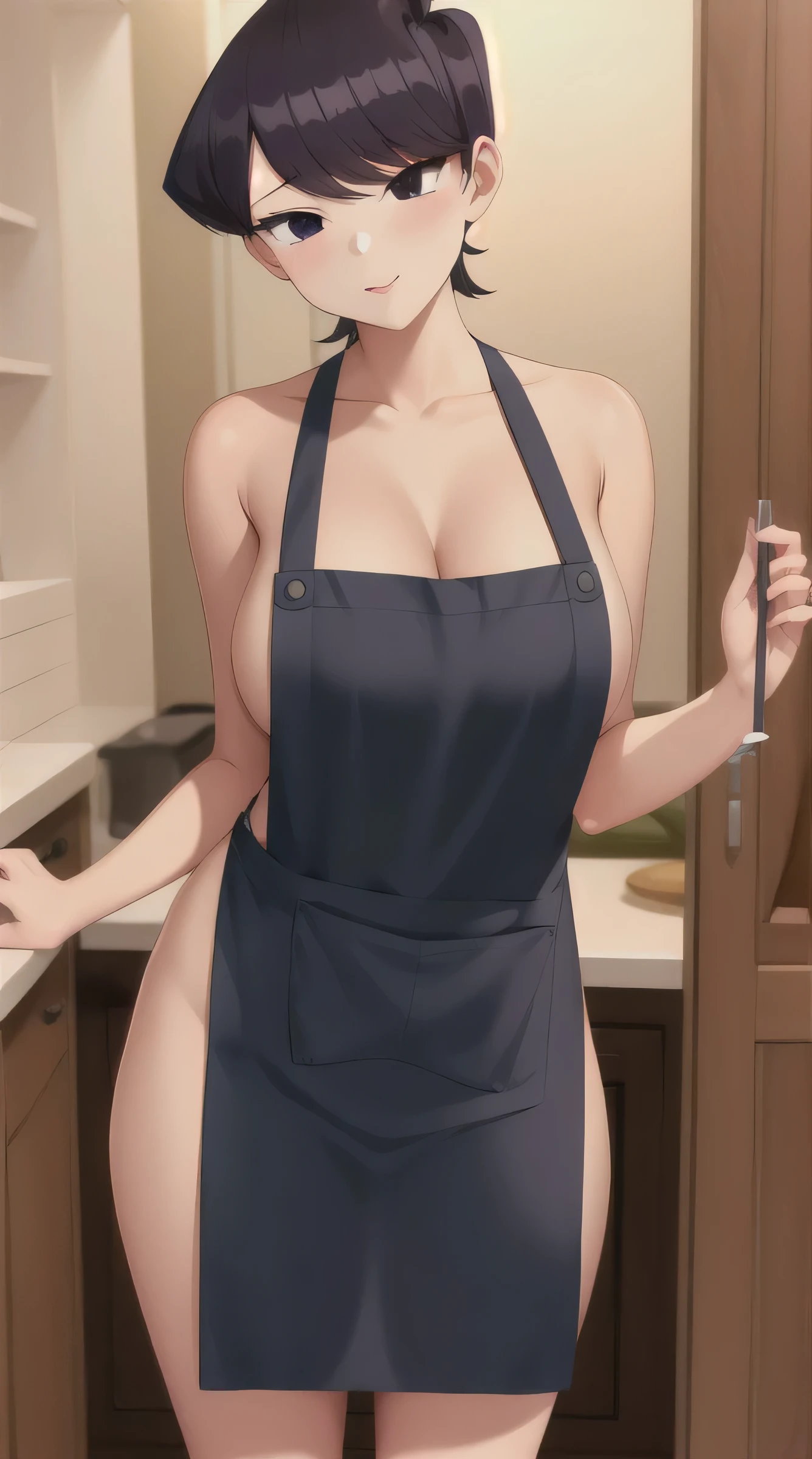 pixel-Komi-Shuuko, 1girl, solo, busty, naked apron, apronmasterpiece, best quality