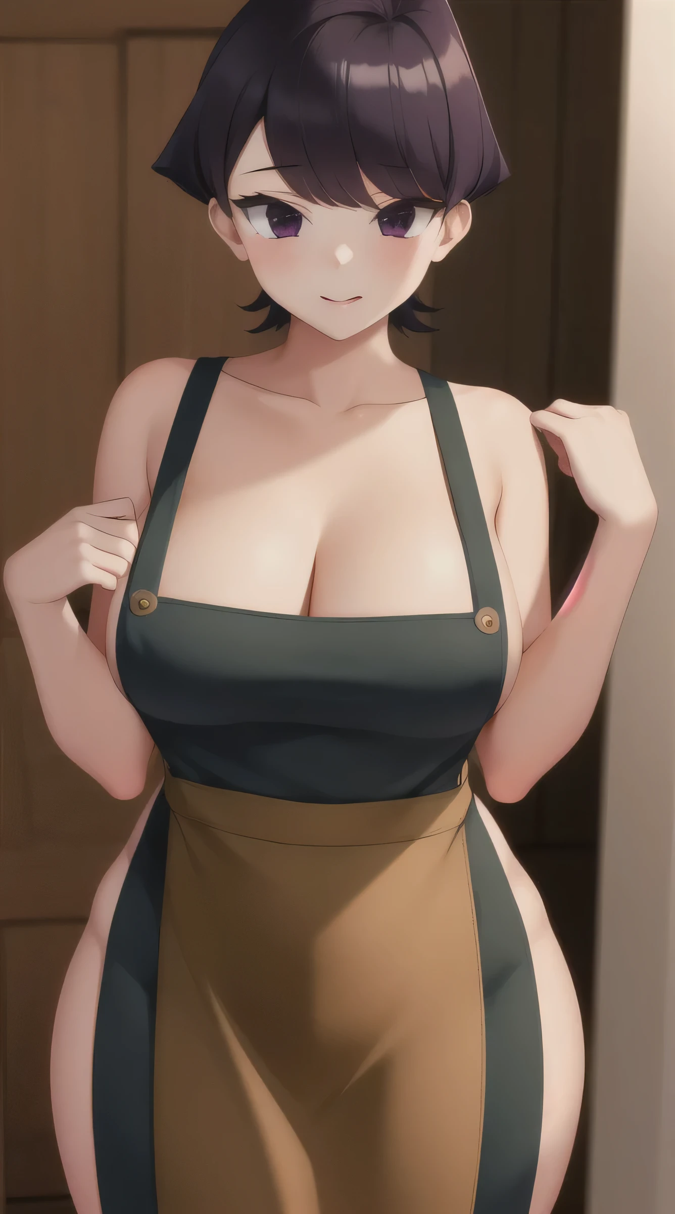 pixel-Komi-Shuuko, 1girl, solo, busty, naked apron, apronmasterpiece, best quality