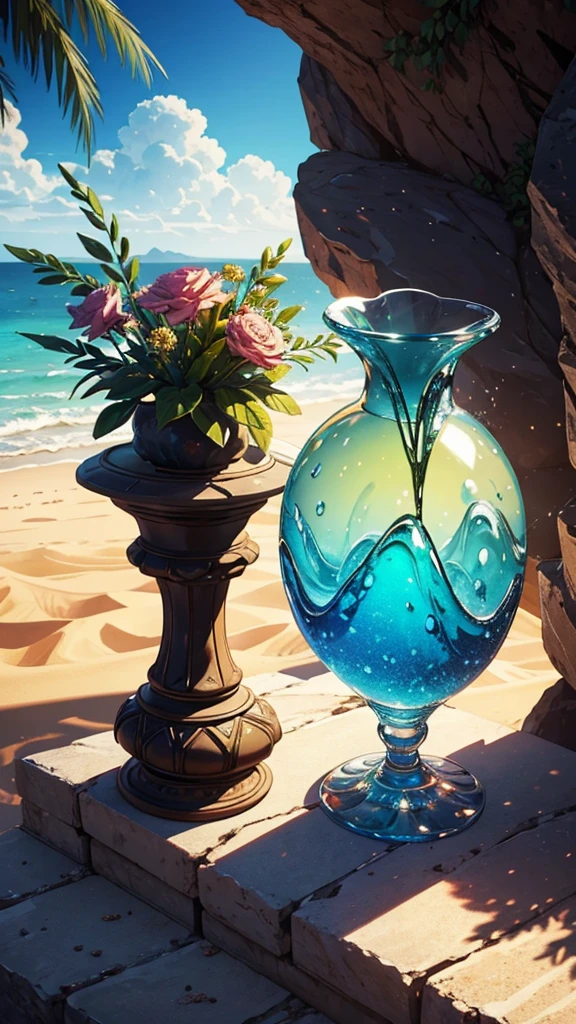 Landscape an ultra realistic digital illustration of a vase with ornamental details, filled with desert sand and precious stones such as ruby, emerald and agate. The vase is on top of a rocky structure, centered in the foreground with sand scattered around it.  Soft, natural lighting should highlight textures and details, while a subtle background highlights the vase. Accurately capture the sand cores, gemstones and vase patterns, creating a rich, cinematic atmosphere.