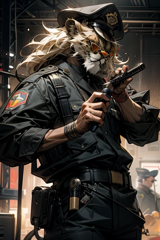 lion,policeman,sunglass, holding a microphone,in visual band scene,masterpiece, best quality, super detailed, super fine illustration, 8k, noise