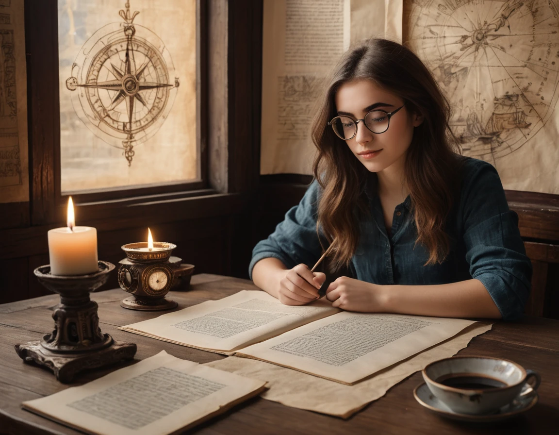 Portrait of a beautiful modern girl with glasses at the table, beautiful brown eyes sparkling with excitement and inspiration, beautiful inspired face, serious expression, writing text on a sheet of parchment(write text ONLY with your left hand), inspired creativity process, stack of old books with many bookmarks between pages, porcelain cup of hot black coffee and a candlestick with lit candles on the table next to parchment, beautiful graceful hands with beautiful fingers, a passionate look at the manuscript; Drawn on paper,sketch,old parchment,pencil sketch,Stereoscopic light and shadow,The background is a mixture of fantasy and science fiction., image of a girl on the bottom right in the center of the picture at the edge,
(Detailed unrealistic map of Treasure Island and text on ancient parchment, Rose of Wind, compass), documentation,Rich and delicate touches,