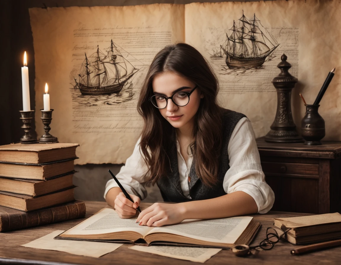 Portrait of a beautiful modern girl with glasses at the table, beautiful brown eyes sparkling with excitement and inspiration, beautiful inspired face, serious expression, writing text on a sheet of parchment(write text ONLY with your left hand), inspired creativity process, stack of old books with many bookmarks between pages, porcelain cup of hot black coffee and a candlestick with lit candles on the table next to parchment, beautiful graceful hands with beautiful fingers, a passionate look at the manuscript; Drawn on paper,sketch,old parchment,pencil sketch,Stereoscopic light and shadow,The background is a mixture of fantasy and science fiction., image of a girl on the bottom right in the center of the picture at the edge,
(Detailed unrealistic map of Treasure Island and text on ancient parchment, Rose of Wind, compass), documentation,Rich and delicate touches,