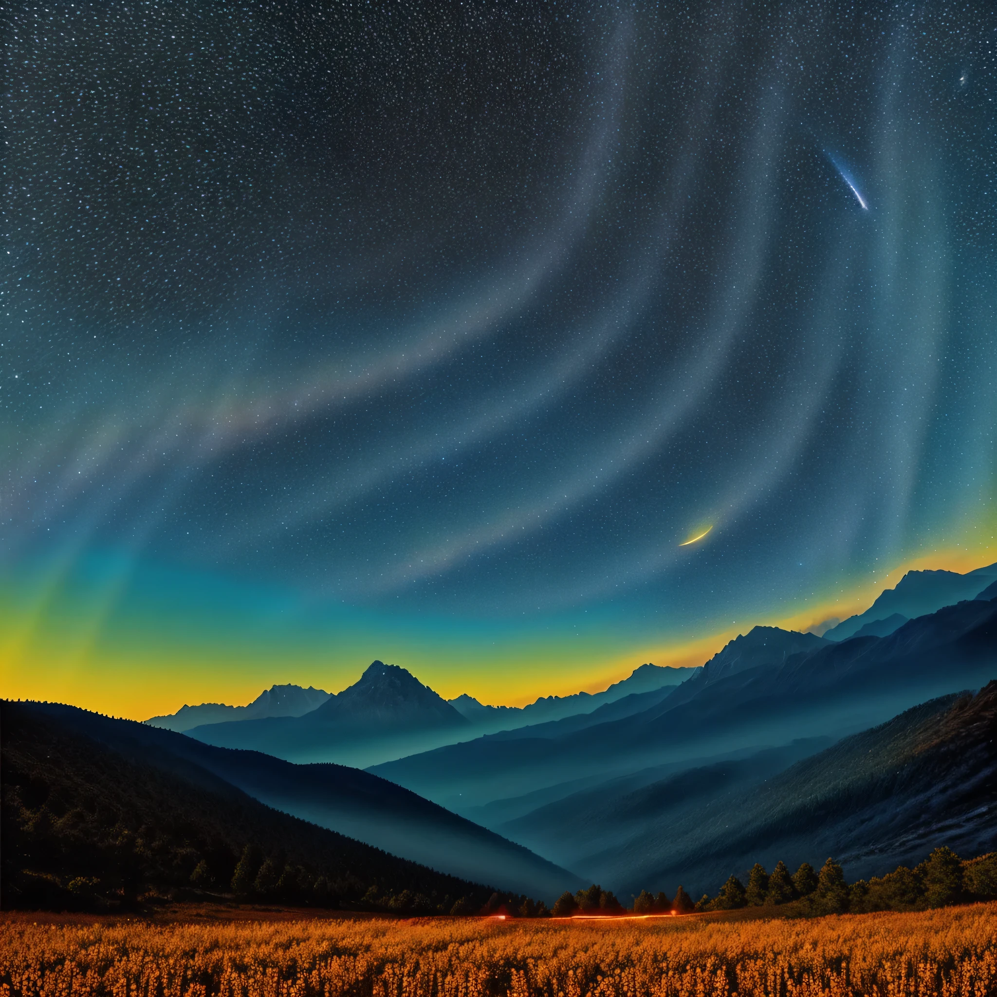 Photographic scene of a field, mountains, with night sky above, cinematic, highly detailed, cosmic, cover art, neon lights, aesteorid rain, space