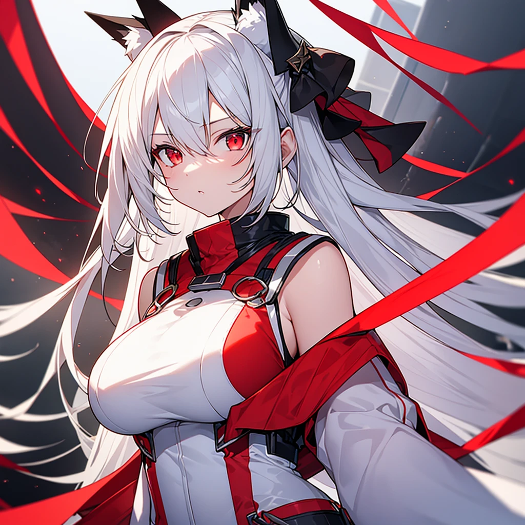 Half-fox girl, big breasts, perfect body, White hair, Red eyes, White clothes