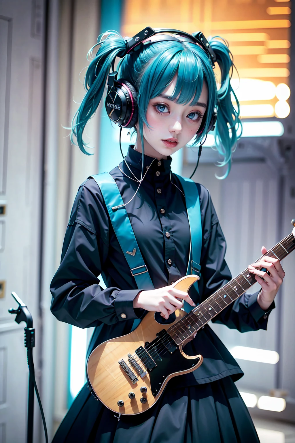 ((masterpiece, Highest quality))One girl, alone, Black Dress, blue eyes, electric guitar, guitar, Headphones, Double Ponytail, Holding, Holding plectrum, musical instrument, Long Hair, music, One side up, Turquoise Hair, Twin tails, guitarを弾く, Pleated skirt, Black Shirt, interior