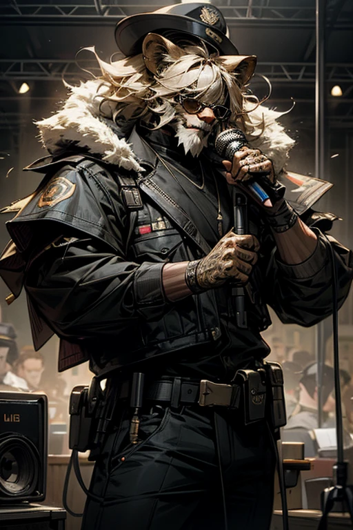 lion,male,policeman,sunglass, holding a microphone,in visual band scene,masterpiece, best quality, super detailed, super fine illustration, 8k, noise