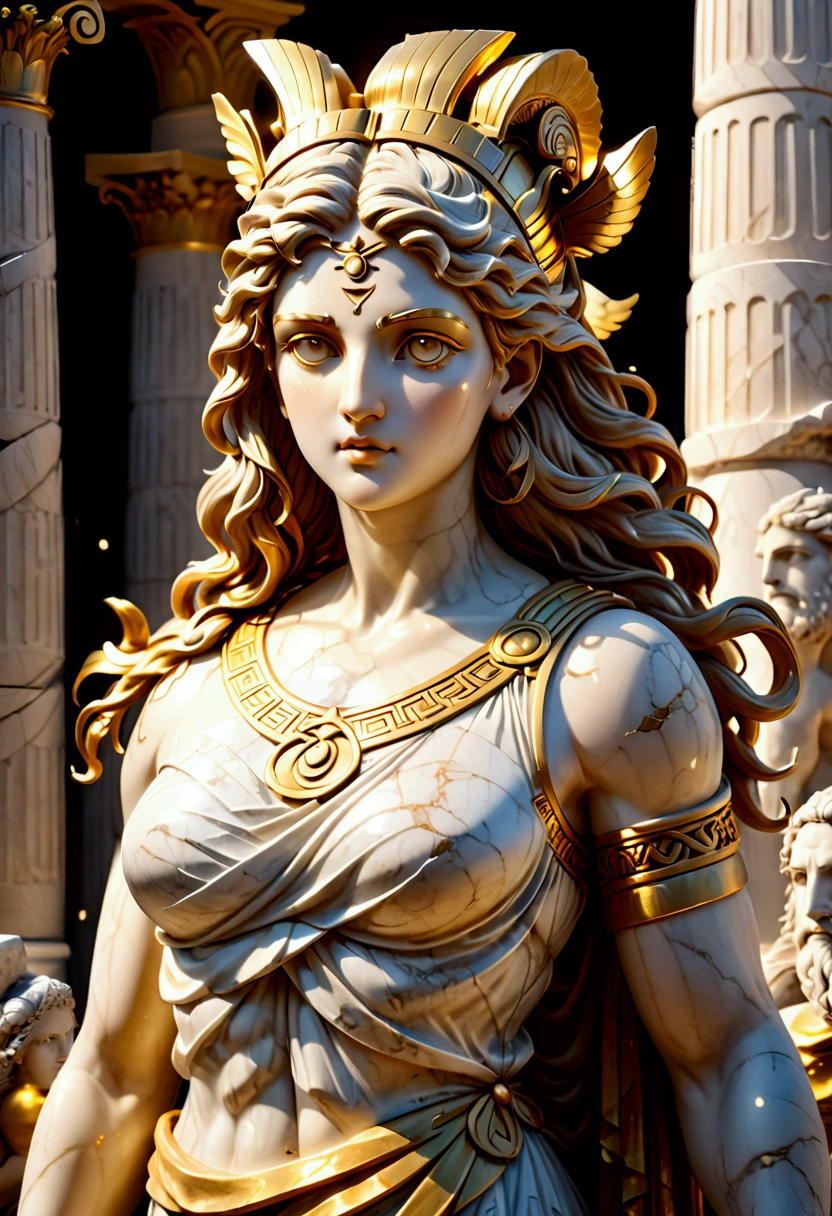 1girl, a stone statue of greek goddess, ancient greek sculpture, white and gold, cstatuesdxl, (4k,8k,highres:1.2), ultra-detailed, HDR, UHD, studio lighting, ultra-fine painting, sharp focus, physically-based rendering, extreme detail description, professional, vivid colors, bokeh, marble statue, ornate architecture, dramatic lighting, intricate details, classical art, masterpiece, best quality, very aesthetic, absurdres