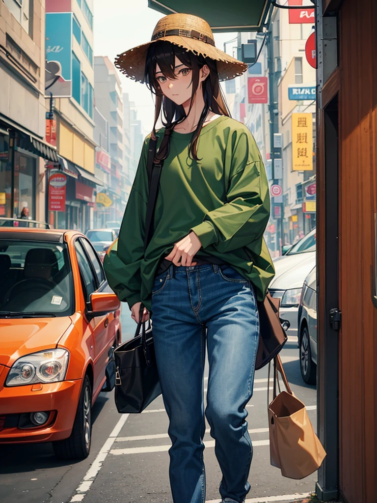 Bongram is a thin young man. Your hair is long, Loose, smooth and brown. He has brown eyes and wears brown long sleeves underneath a teal t-shirt and jeans with sneakers., He also wears a worn brown bucket hat, always carrying a gray stick, being a woman
