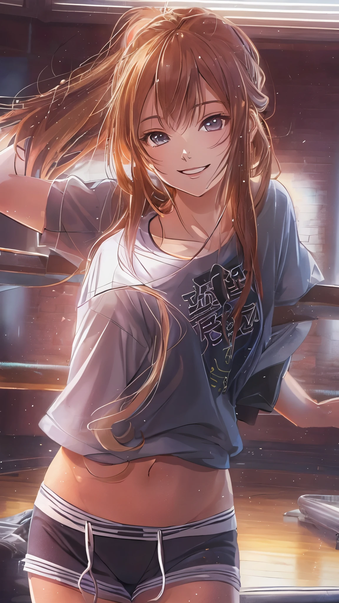 (highest quality,4K,8K,High resolution,table top:1.2), Super detailed, (realistic,photorealistic,photo-realistic:1.37), ,beautiful girl,((full body)),((sweat)),((left arms up)),((jump)),,(grin and laugh),((caramel hair color)),((medium long hair)),((ponytail hairstyle)), ((messy hair)),((T-shirt and black leggings)), ((off-shoulder design T-shirt)),((long length T-shirt)),((dancing in the gym)),((loose Socks)),((loose socks)),(sneakers),espadrilles,beautiful and detailed eyes, beautiful detailed lips, highly detailed eyes and face, long eyelashes, realistic anime 3D style, Smooth anime CG art, Digital rendering by Makoto Shinkai, Moe anime art style, photorealistic rendering of an anime girl, Shinkai Makoto style, Cute anime girl visuals, realistic young anime girl, girl fan art, Created by Anime Artist'studio of.