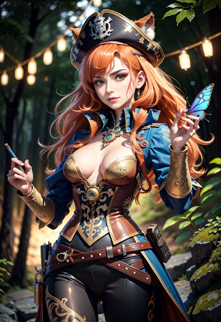 Nebur Belmont, masterpiece, (ultra detailed), (animal anthropomorphism), Pirate and steampunk theme, cat, elegant, in fighting pose,, athletic body, orange hair , gold eyes, police costume, police hat , en forest majestuoso con cascadas , rainy , butterflies ((Light bokeh)), Intricate, (steel metal [repose]), elegant, sharp focus, , Soft lighting, vibrant colors, (masterpiece), ((forest)), (detailed face), vintage, dynamic，, Whole body, little smile, Long hair, fickle face, perfect anatomy,rude face, Flawless line art, watercolor, colored pencils, high quality, detail,
