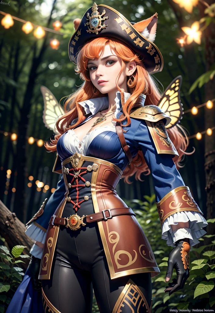 Nebur Belmont, masterpiece, (ultra detailed), (animal anthropomorphism), Pirate and steampunk theme, cat, elegant, in fighting pose,, athletic body, orange hair , gold eyes, police costume, police hat , en forest majestuoso con cascadas , rainy , butterflies ((Light bokeh)), Intricate, (steel metal [repose]), elegant, sharp focus, , Soft lighting, vibrant colors, (masterpiece), ((forest)), (detailed face), vintage, dynamic，, Whole body, little smile, Long hair, fickle face, perfect anatomy,rude face, Flawless line art, watercolor, colored pencils, high quality, detail,