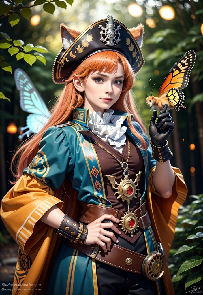 Nebur Belmont, masterpiece, (ultra detailed), (animal anthropomorphism), Pirate and steampunk theme, cat, elegant, in fighting pose,, athletic body, orange hair , gold eyes, police costume, police hat , en forest majestuoso con cascadas , rainy , butterflies ((Light bokeh)), Intricate, (steel metal [repose]), elegant, sharp focus, , Soft lighting, vibrant colors, (masterpiece), ((forest)), (detailed face), vintage, dynamic，, Whole body, little smile, Long hair, fickle face, perfect anatomy,rude face, Flawless line art, watercolor, colored pencils, high quality, detail,