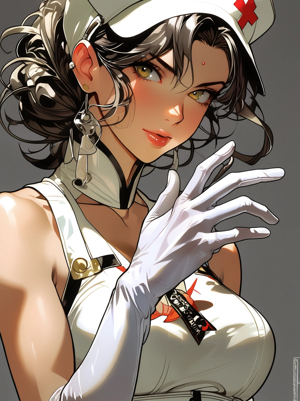 26 y.o sexy nurse, putting on rubber gloves, detailed eyes, natural skin, hard shadow. Style by J.C. Leyendecker. Style by Masamune Shirow
