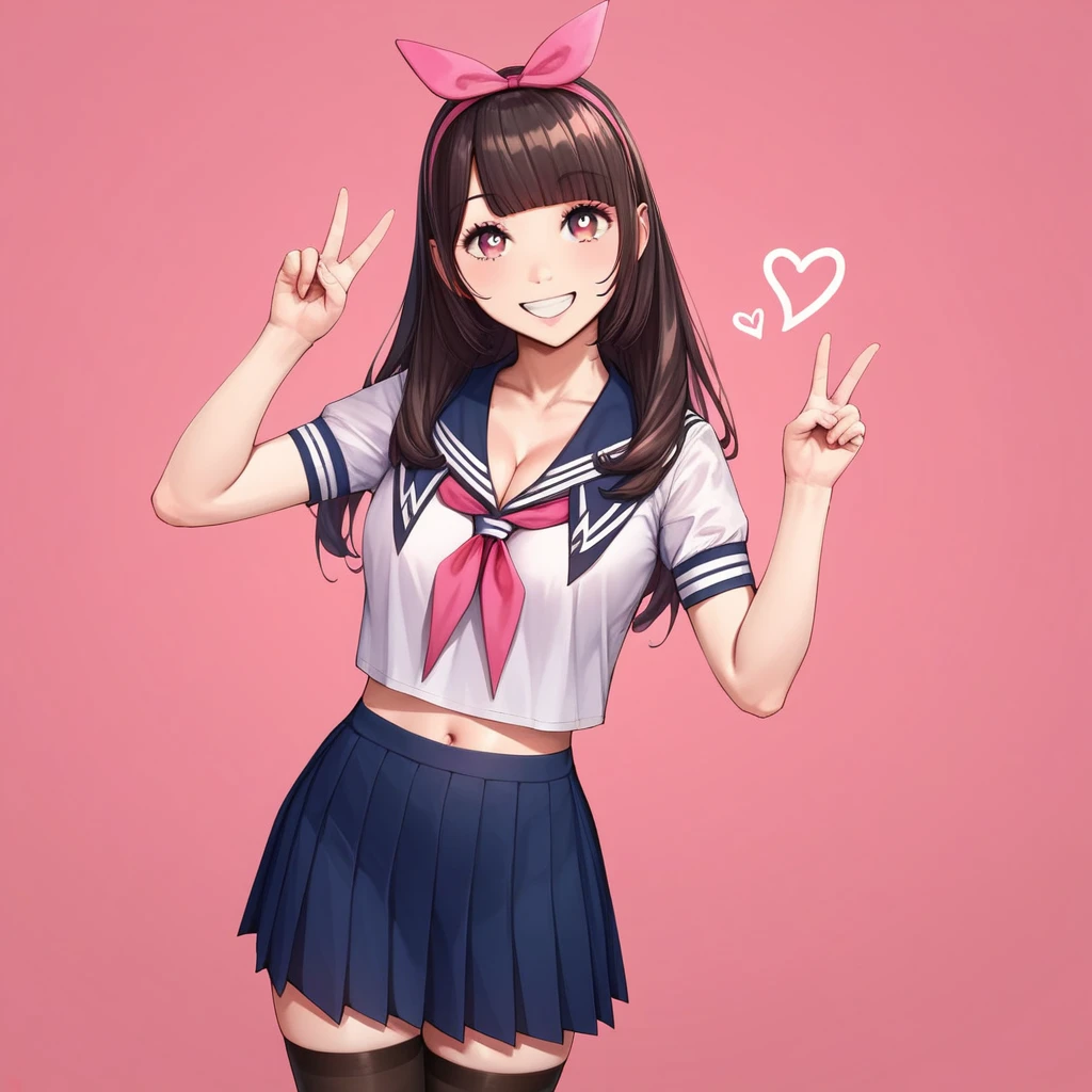 masterpiece,best quality, chitose nishina, long hair, bangs, blunt bangs, black hair, brown eyes, pink eyes,
skirt, thighhighs, navel, cleavage, , pleated skirt, hairband, serafuku, black thighhighs, black skirt, zettai ryouiki, neckerchief, bow, hair bow, shirt, looking at viewer,double peace sign,smile,happy,vacuum, ahegao, naughty smile, pubic hair,Heart eyes, ball, happy
