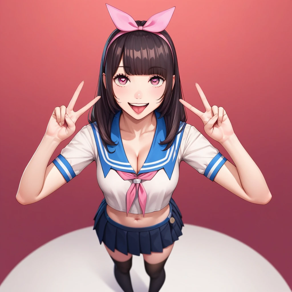 masterpiece,best quality, chitose nishina, long hair, bangs, blunt bangs, black hair, brown eyes, pink eyes,
skirt, thighhighs, navel, cleavage, , pleated skirt, hairband, serafuku, black thighhighs, black skirt, zettai ryouiki, neckerchief, bow, hair bow, shirt, looking at viewer,double peace sign,smile,happy,vacuum, ahegao, naughty smile, pubic hair,Heart eyes, ball, happy