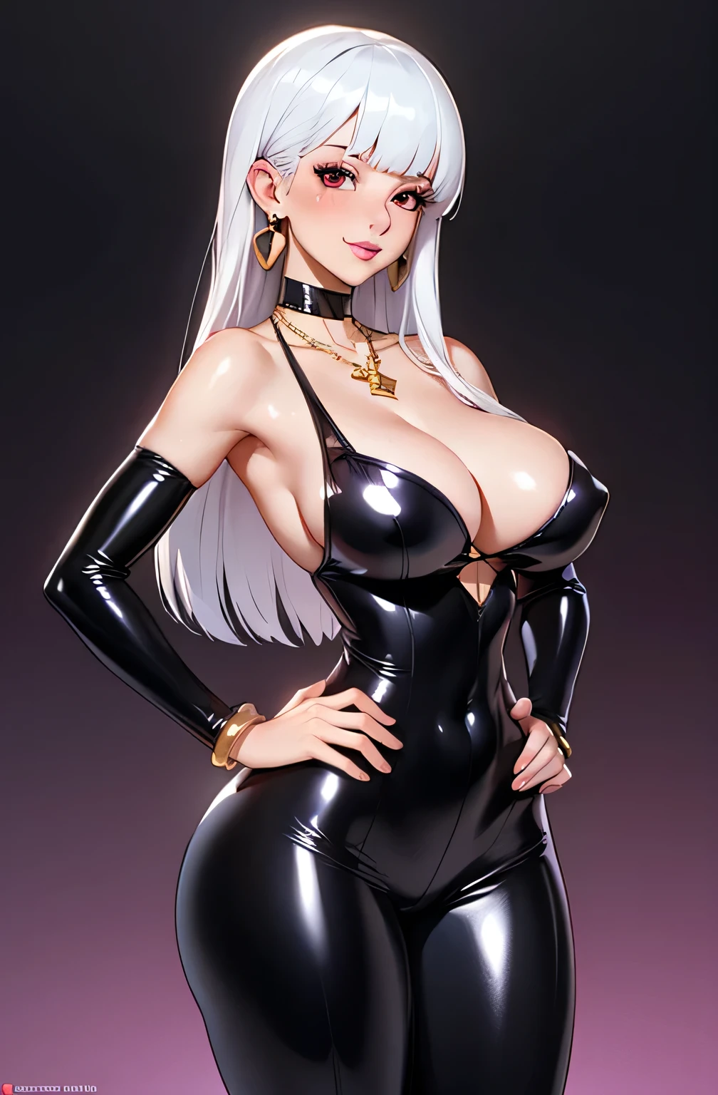 1girl, white hair, long hair, blunt bangs, big lips, red eyes, detailed eyes, cleavage, shiny latex tank top, latex body suit, hand on hip, superiority, (huge breasts), light smile, blush, nose blush, background, anime, seductive, intimate, centered portrait, centered cowboy shot, dainty jewelery, earrings, dainty gold necklace, mouth closed, realistic anime, centered, wide shot, wide hips, huge ass, bare thighs, tiny waist, hourglass figure, dominatrix,