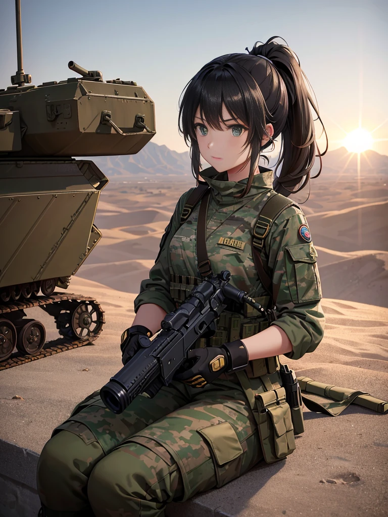 Best quality, 8k, ultra-detailed image of a solo female soldier in an anime style, resting during a break from battle. She is sitting against a meticulously rendered tank, her green eyes focused on the horizon. Her long ponytail flows freely over her shoulder, and her camouflage uniform is crisp and clean, adorned with dog tags and boots. The high contrast between the sun-soaked tank and the softly lit desert landscape adds depth to the ultra-detailed background. The soldier's rifle leans against the tank, and her helmet is held in her lap as she takes a moment to unwind. Clouds scatter across the sky, and the sun casts long shadows over