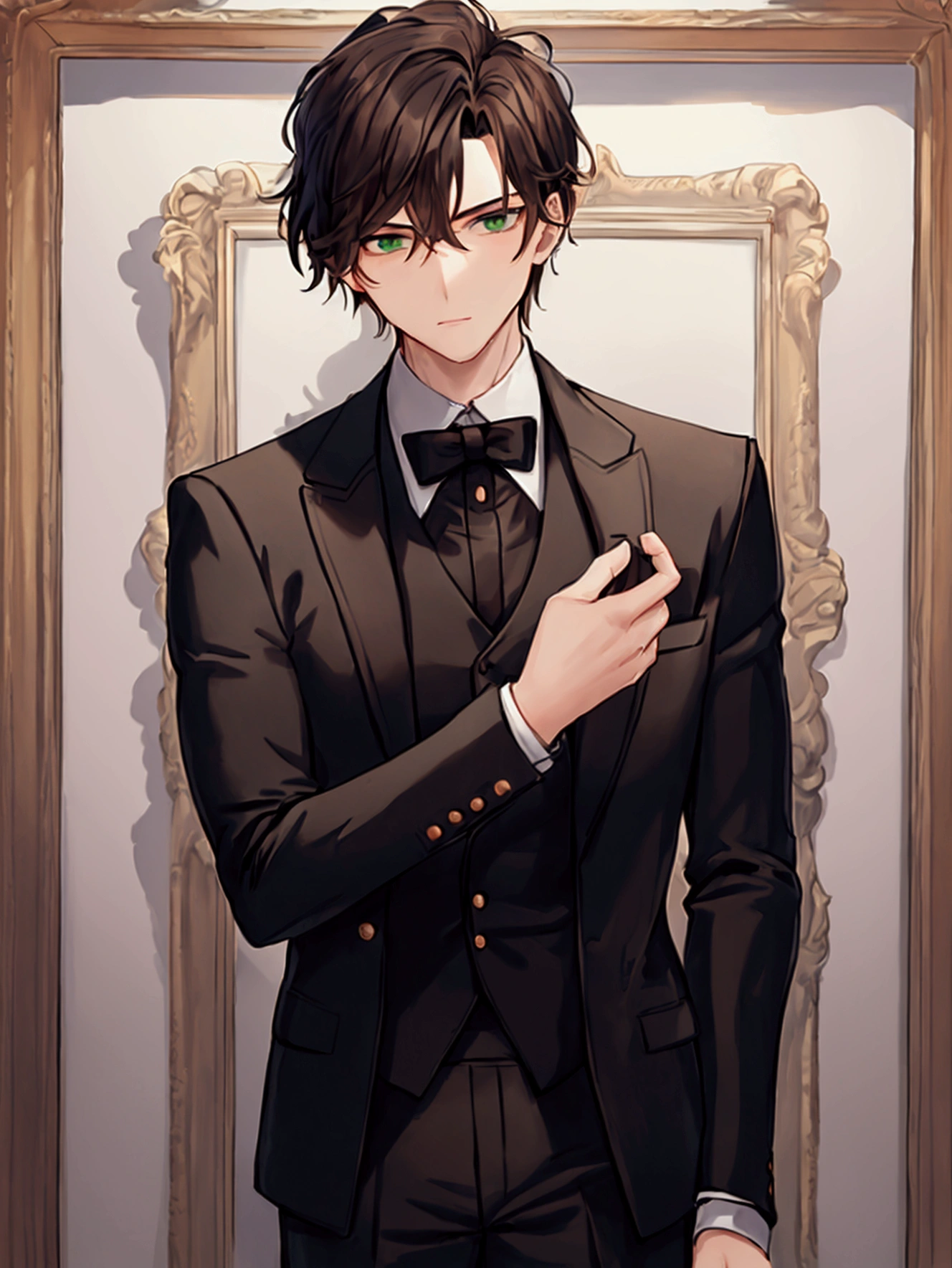 masterpiece, best quality, portrait, solo, 1man, the man is of medium height, the man is of medium height, muscular man, man, about 20 years old, black clothes, jacket, black tie, white shirt under the jacket. There are threads in his hands, a puppeteer, brown hair, green eyes