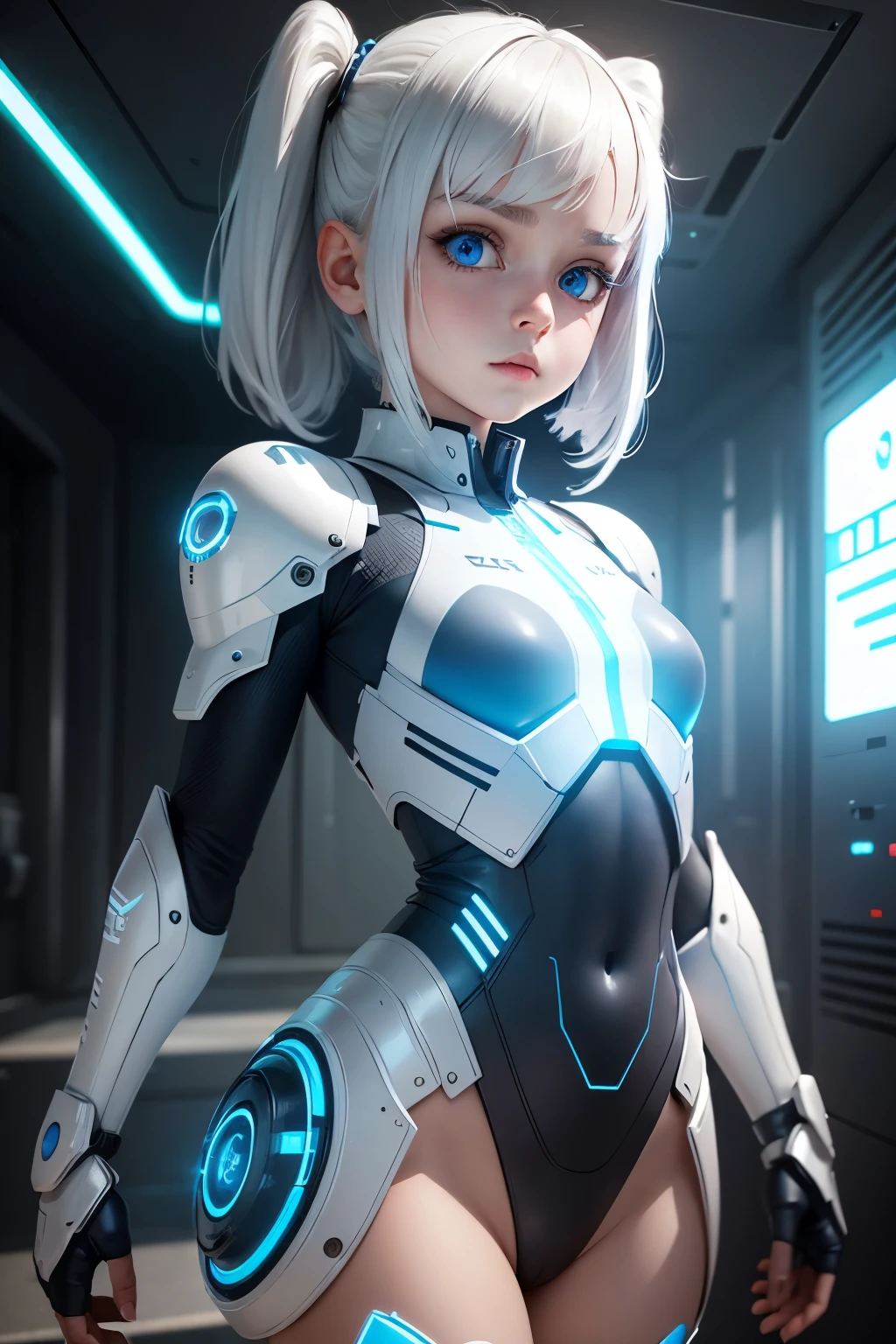   Ultra realistic, girl 8 year old , white hair,  Headpones, blue eyes  , flatchest , technological suit , leds , leotard style,  futuristic, android girl. Mechanical arms.  