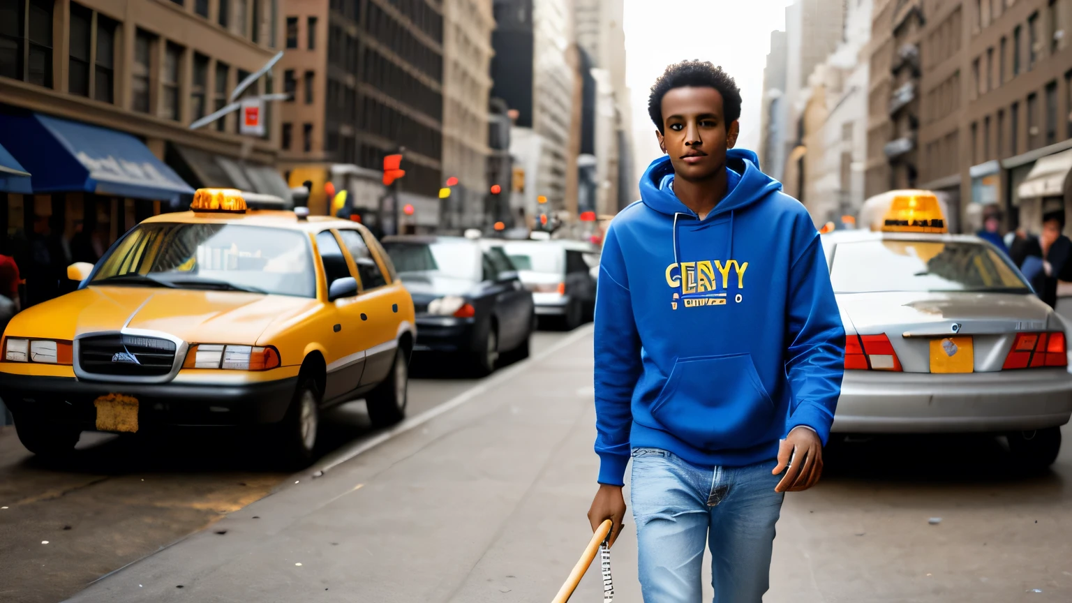 "Create an image of a young Eritrean man, around 23 years old, walking on the streets of New York City. He has a youthful face but looks tired and in pain. He is using a walking stick to support his weight. His clothes are clean and fresh, consisting of casual attire: jeans, a t-shirt, and a blue hoodie. The background should feature the bustling streets of New York City, with iconic yellow cabs, tall buildings, and a diverse crowd of passersby."