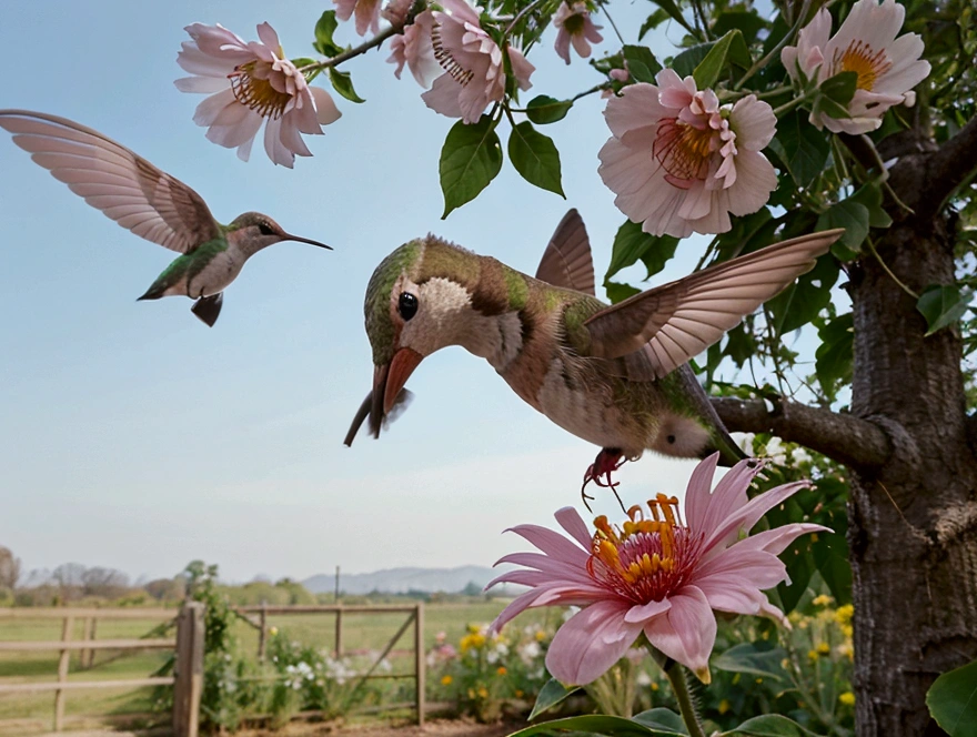 there is a hummingbird that is flying towards a flower, eat snack, beautiful nature, beautiful angle, beautiful details, by Jim Nelson, Beautiful and elegant, nice photos, wander, picking up a flower, spring morning, Perfect details, author：Dave Melvin, !!natural beauty!!, by Linda Sutton, nice shot, wander in the air, flower