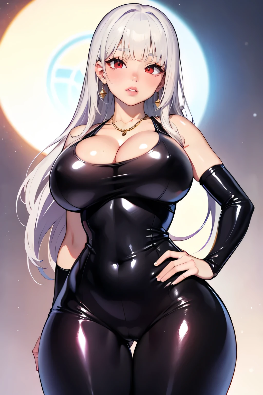 1girl, white hair, long hair, blunt bangs, big lips, red eyes, detailed eyes, cleavage, shiny latex tank top, latex body suit, hand on hip, superiority, (huge breasts), light smile, blush, nose blush, background, anime, seductive, intimate, centered portrait, centered cowboy shot, dainty jewelery, earrings, dainty gold necklace, mouth closed, realistic anime, centered, wide shot, wide hips, huge ass, bare thighs, tiny waist, hourglass figure, dominatrix,