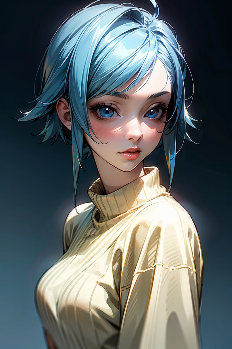 anime ,realistic ,sketch , 1girl, ,lip, Sweater,order, Blue gradient background, Neon hair,Textured crop, Canadian , (masterpiece,best quality,niji style)