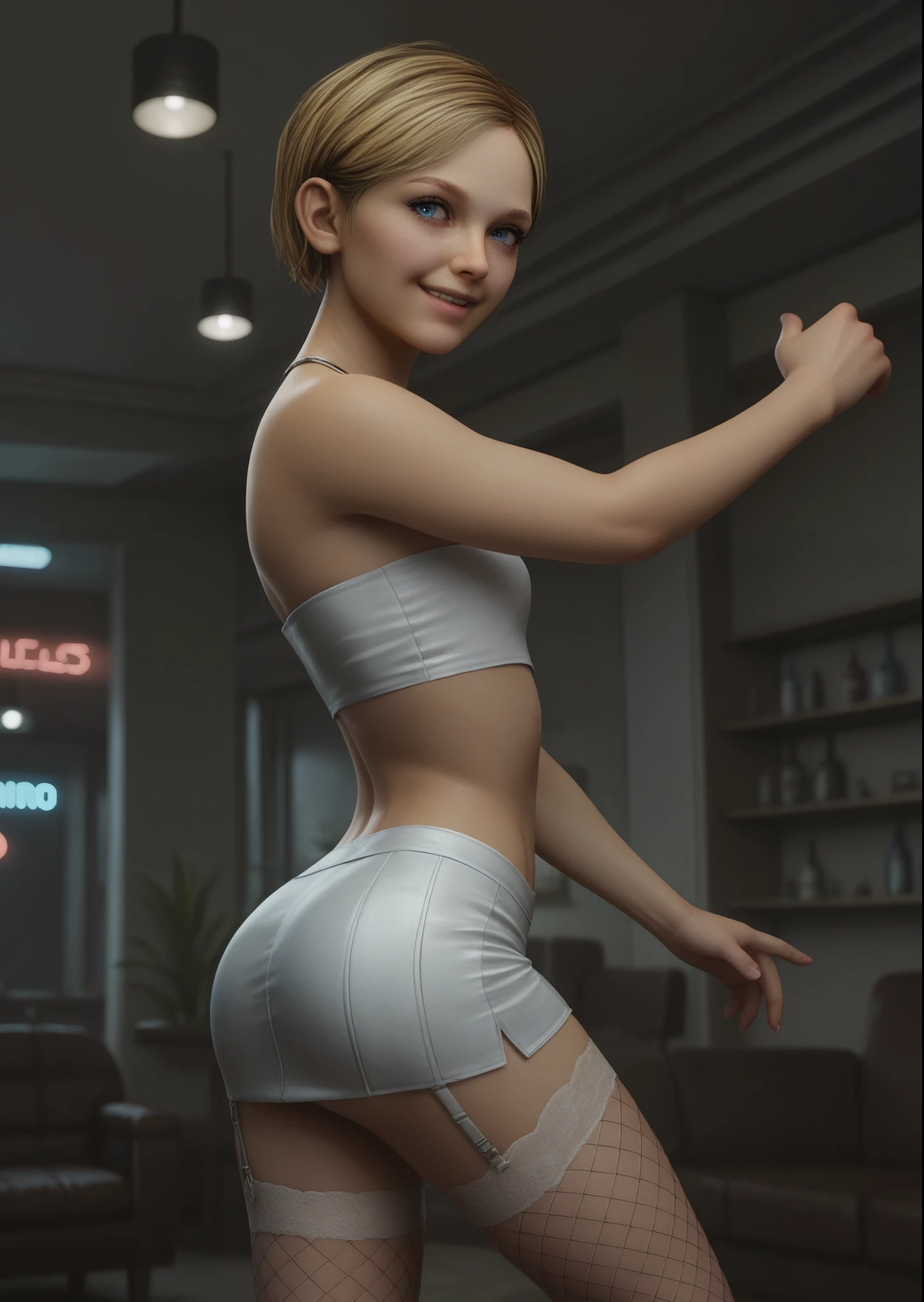 1girl, solo, sarah miller, short hair, blonde hair, light blue eyes, small breasts, tube top, midriff, microskirt, fishnet thighhighs, garter straps, side slit, wide hips, smile, cowboy shot, dynamic pose, dancing, ass, indoors, club, neon lights, lighting, shadows, blurry background, source_realistic, (score_9, core_8_up, score_7_up, score_6_up)