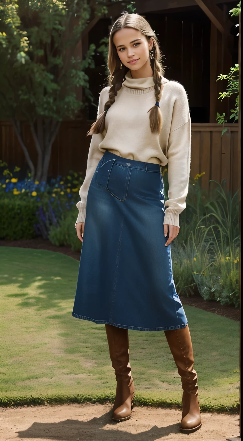 Foto hiperrealista en primer plano de Alicia Vikander, masterpiece, best quality, (photorealistic:1.4), full body,  (light brown oversize sweater:1.2), (maxi maxi jeans skirt:1.2), (boots:1.2), garden cinematic light, beautiful woman, skinny, medium  breasts, two braids dark blond hair, detailed face, smile, facing the camera, photo taken from a distance, age of 20 years old,