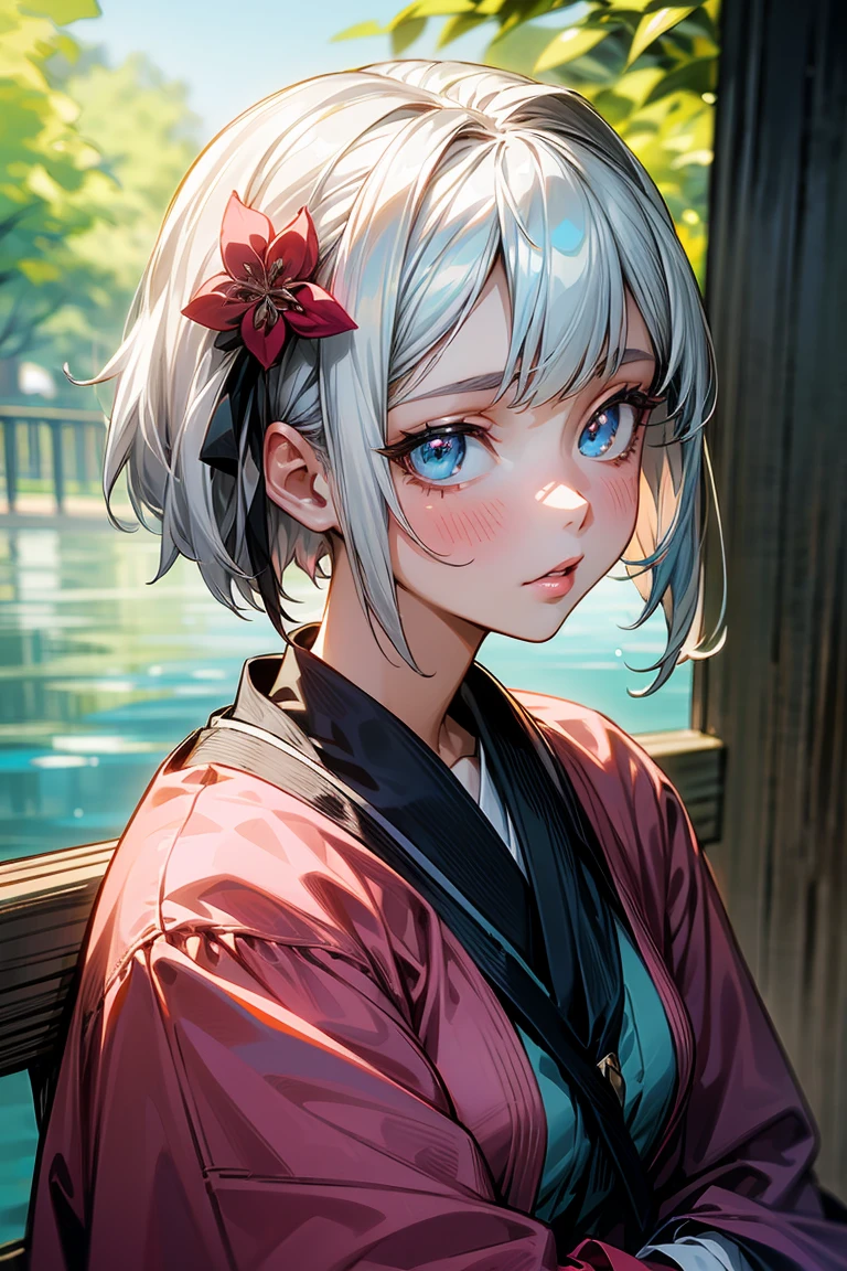 gorgeous lips, cinematic, (masterpiece), (best quality), (ultra-detailed), very aesthetic, illustration, perfect composition, intricate details, absurdres, detailed face, (anime, masterpiece, intricate:1.3), (best quality, hires textures, high detail:1.2), (4k),(incredibly detailed:1.4)  (beautiful detailed face, beautiful detailed eyes) ,extreme details eyes
anime girls
white hair
short hair
hair ornament
katana
yukata
one person
standing
pink color
clothing
water
nature
day
real people
adult
focus on foreground
occupation
women
outdoors
selective focus
holding
railing
looking
lifestyles
uniform
warm clothing
nsfw
haired
animated
woman
illustration