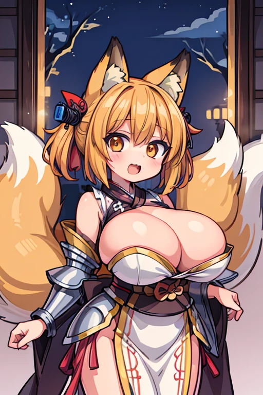 (fox girl:1.2), (solo:1.2), (pixiv masterpiece:1.2), (metal armor kimono:1.2), (medieval fantasy town:1.0), (huge tits:1.2)