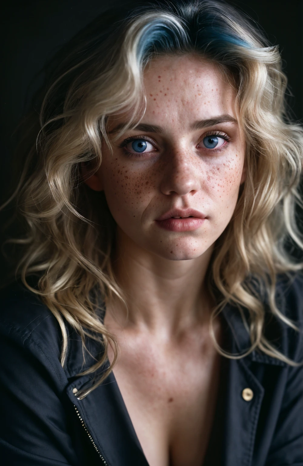 (close-up, editorial photograph of a 30 year old woman), (highly detailed face:1.4) (smile:0.7) (background inside dark, moody, private study:1.3) POV, by lee jeffries, nikon d850, film stock photograph , cowboy shot, 4 kodak portra 400 ,camera f1.6 lens ,rich colors , albino, hyper realistic ,lifelike texture, dramatic lighting , cinestill 800, wavy hair, messy hair, curls, serious, blue hair, freckles, blue eyes, white skin, cleavage, sexy, androgynous, griffith, black jacket
