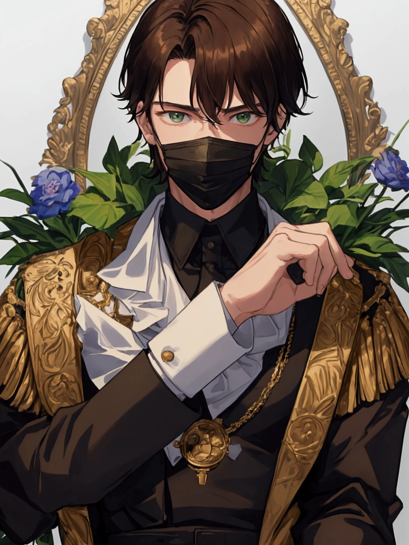 masterpiece, best quality, portrait, solo, 1man, the man is of medium height, the man is of medium height, muscular man, about 20 years old, black clothes, jacket, white shirt under the jacket. There are threads in his hands, a mask on his face hiding half of his face, a puppeteer, brown hair, green eyes