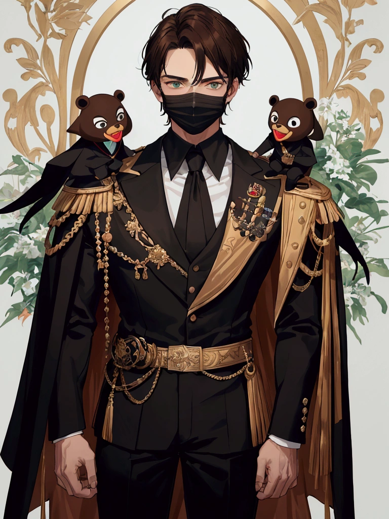 masterpiece, best quality, portrait, solo, 1man, the man is of medium height, the man is of medium height, muscular man, about 20 years old, black clothes, jacket, white shirt under the jacket. There are threads in his hands, a mask on his face hiding half of his face, a puppeteer, brown hair, green eyes