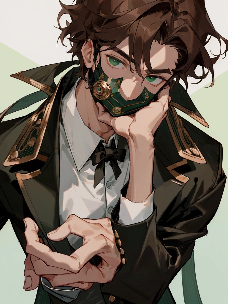 masterpiece, best quality, portrait, solo, 1man, the man is of medium height, the man is of medium height, muscular man, about 20 years old, black clothes, jacket, white shirt under the jacket. There are threads in his hands, a mask on his face hiding half of his face, a puppeteer, brown hair, green eyes