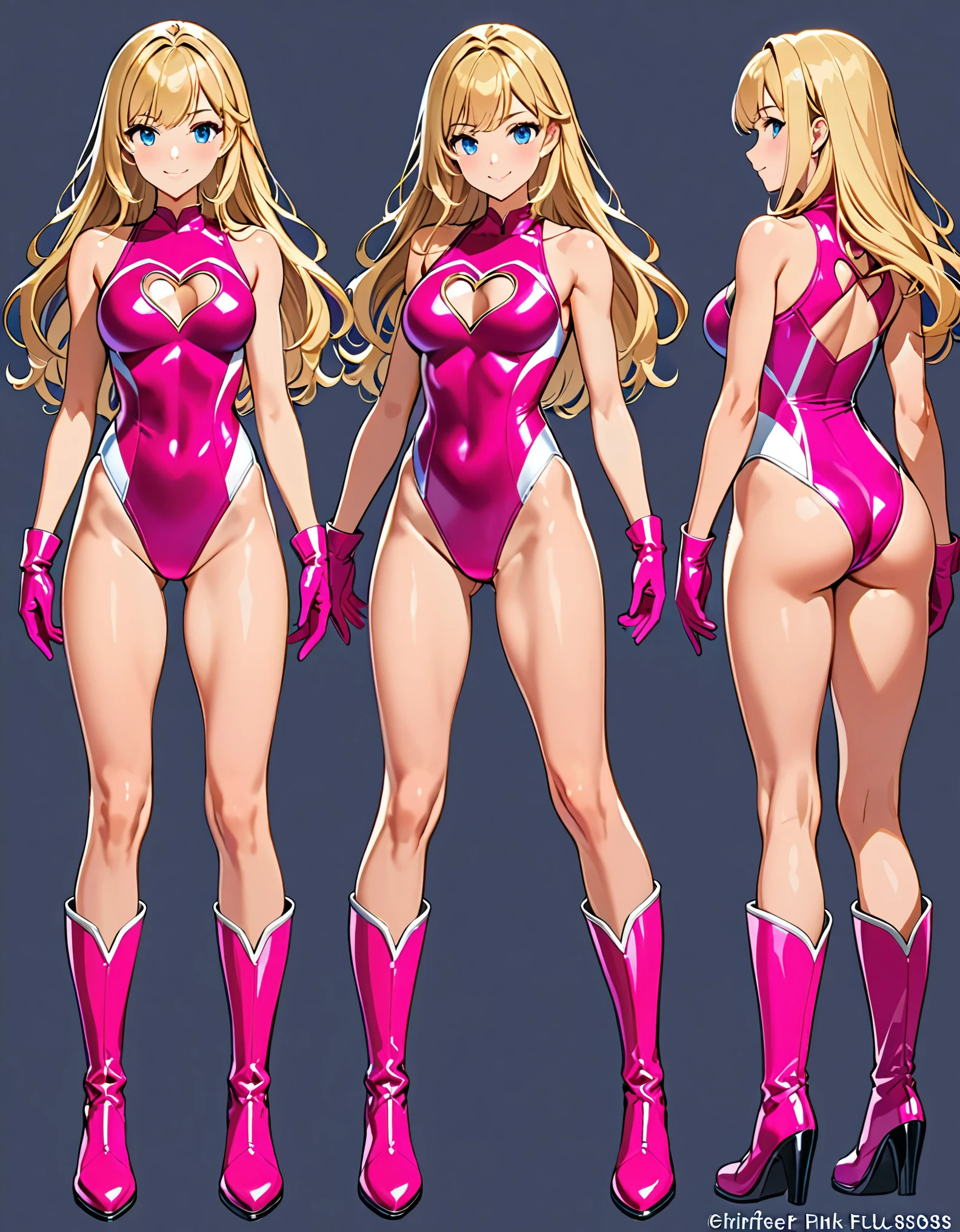 (masterpiece), (best quality), (highres), 1girl, solo, highly detailed, superhero, leotard, competition swimsuit, bare legs, matching boots, sleeveless, looking at viewer, perfect hands, perfect eyes, perfect leotard, perfect legs, perfect arms, perfect fingers, medium , (pink leotard), standing, (blonde hair), long hair, knee boots, blue eyes, (heart cutout, cleavag), cute face, hair down, bangs, sleeveless, pink gloves, pink footwear, smile, full body with costume, Simple background, Multiple Views, Character Sheet Full-Length.