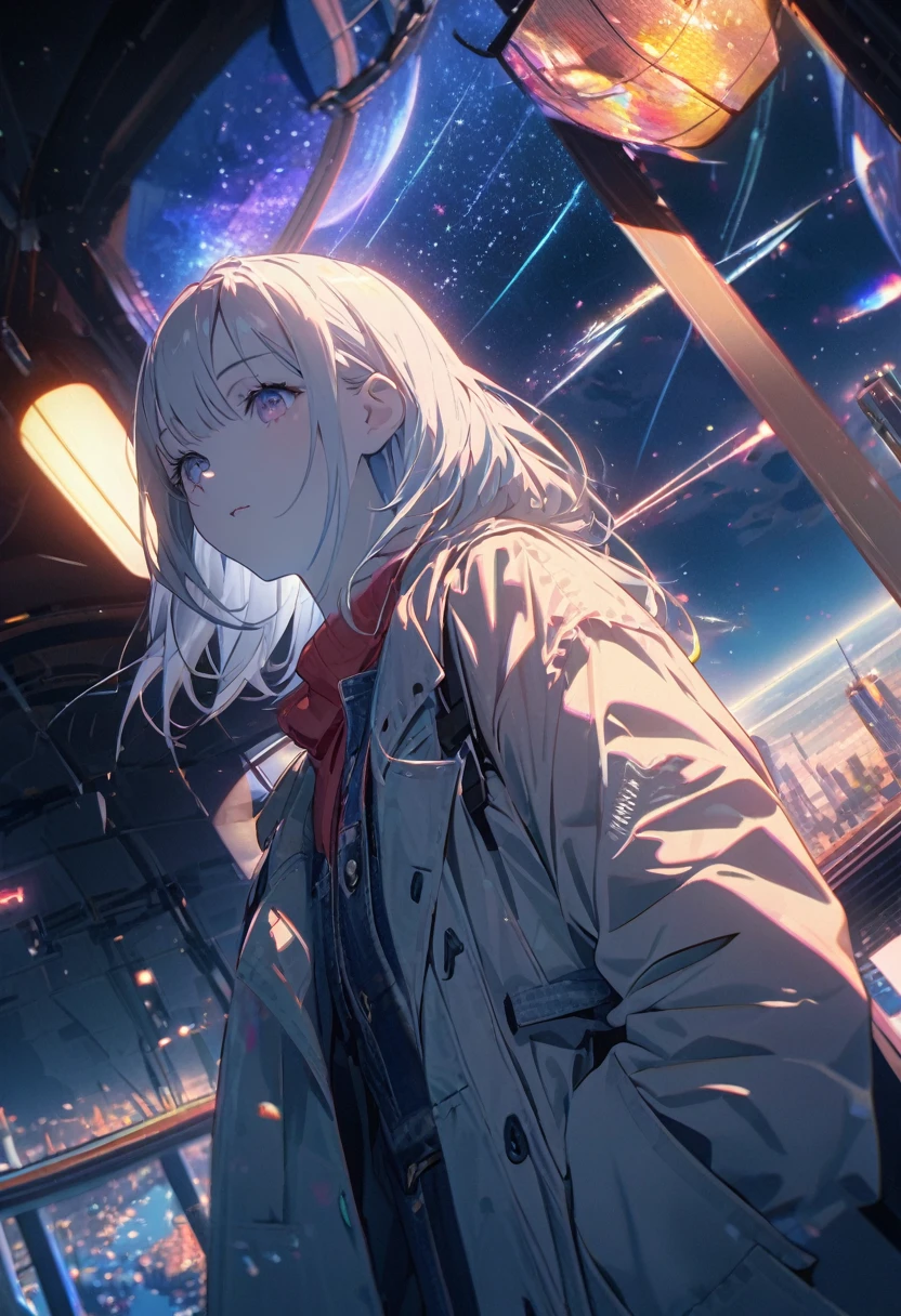 Angelic, detailed woman, Starry Sky, shooting star , horizon, In the sky, city , Lens flare, colorful,coat, Put your hands in your pockets,(student, 18-year-old, JK, Her short silver hair sways, Pale skin,) Look up at the sky, Beautiful sky, The scenery is beautiful., 広いLook up at the sky, Colorful summer flowers are blooming everywhere., I see the wind blowing and shining, In the skyは正午の月と正午の星がある,From below, break ,quality(8k,非常に精細なCGユニットのwallpaper, masterpiece,High resolution,top-quality,top-quality real texture skin,Surreal,Increase the resolution,RAW Photos,最高quality,Very detailed,wallpaper,Cinema Lighting,Ray Tracing,Golden Ratio),Have a long-term perspective