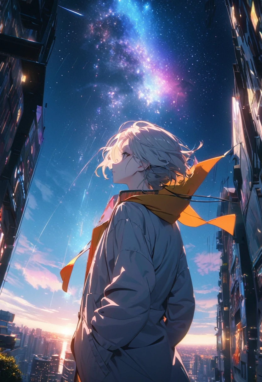 Angelic, detailed woman, Starry Sky, shooting star , horizon, In the sky, city , Lens flare, colorful,coat, Put your hands in your pockets,(student, 18-year-old, JK, Her short silver hair sways, Pale skin,) Look up at the sky, Beautiful sky, The scenery is beautiful., 広いLook up at the sky, Colorful summer flowers are blooming everywhere., I see the wind blowing and shining, In the skyは正午の月と正午の星がある,From below, break ,quality(8k,非常に精細なCGユニットのwallpaper, masterpiece,High resolution,top-quality,top-quality real texture skin,Surreal,Increase the resolution,RAW Photos,最高quality,Very detailed,wallpaper,Cinema Lighting,Ray Tracing,Golden Ratio),Have a long-term perspective